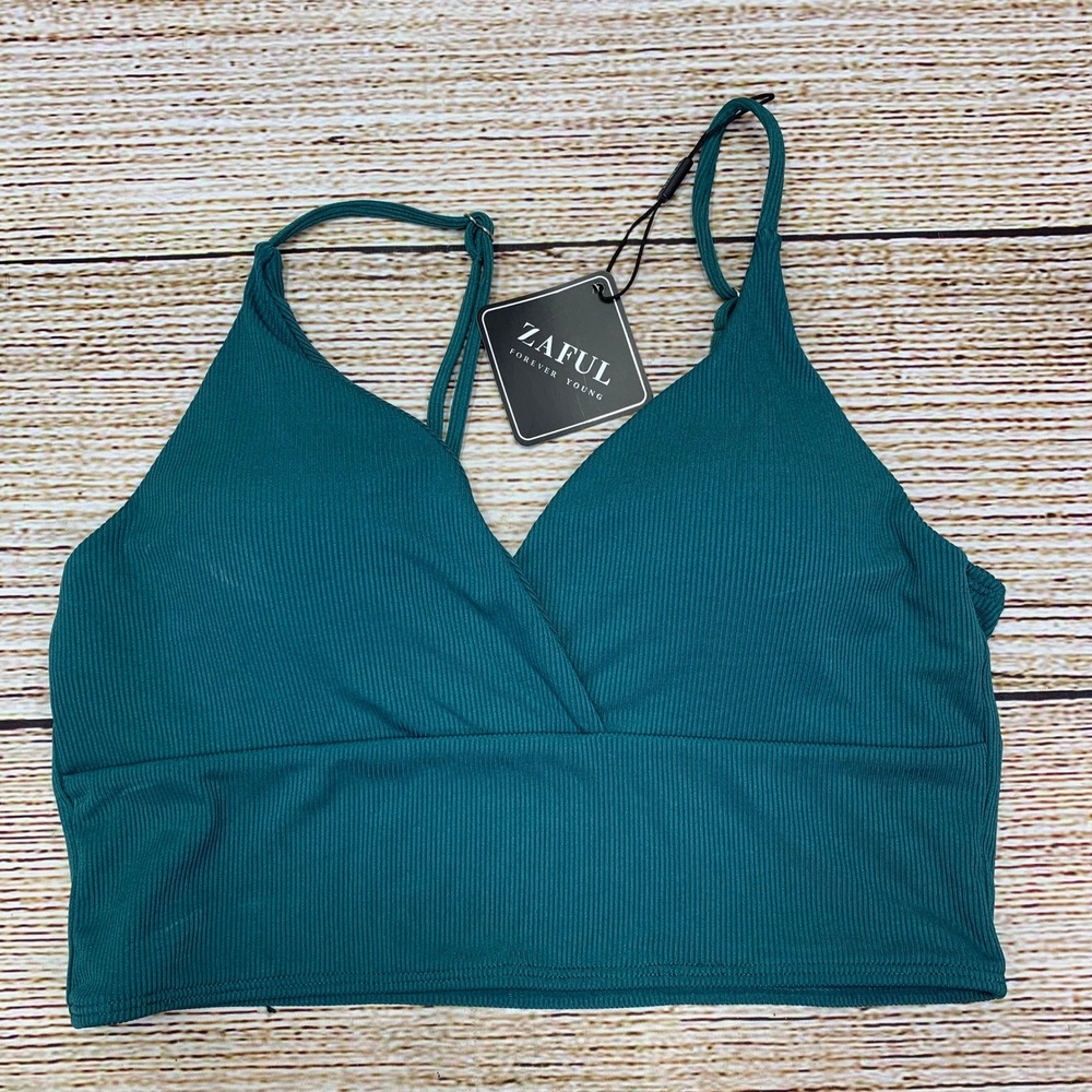 Zaful Teal Ribbed Knit Cross Wrap Cropped Cami Tank Top🆕[Women's Size US 8] NEW